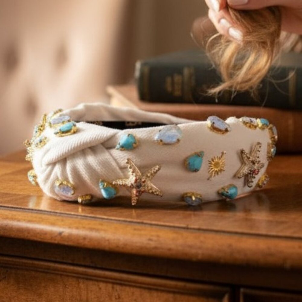 Crystal Headband - DENIM Headband - Knot Headband + Crystals - WHITE